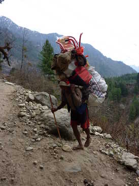 Man carries a tricycle up the mountain
